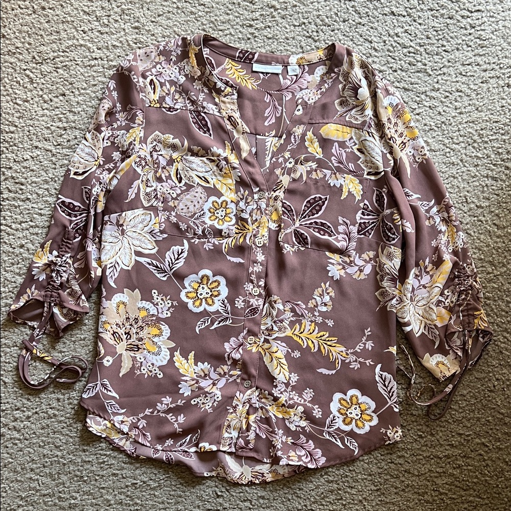 New York & Company Floral Blouse - Brown and Yellow
